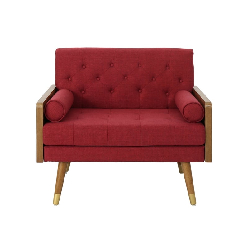 Benjara Lita Wide Accent Club Chair- Button Tufted- Red Fabric- Brown Frame