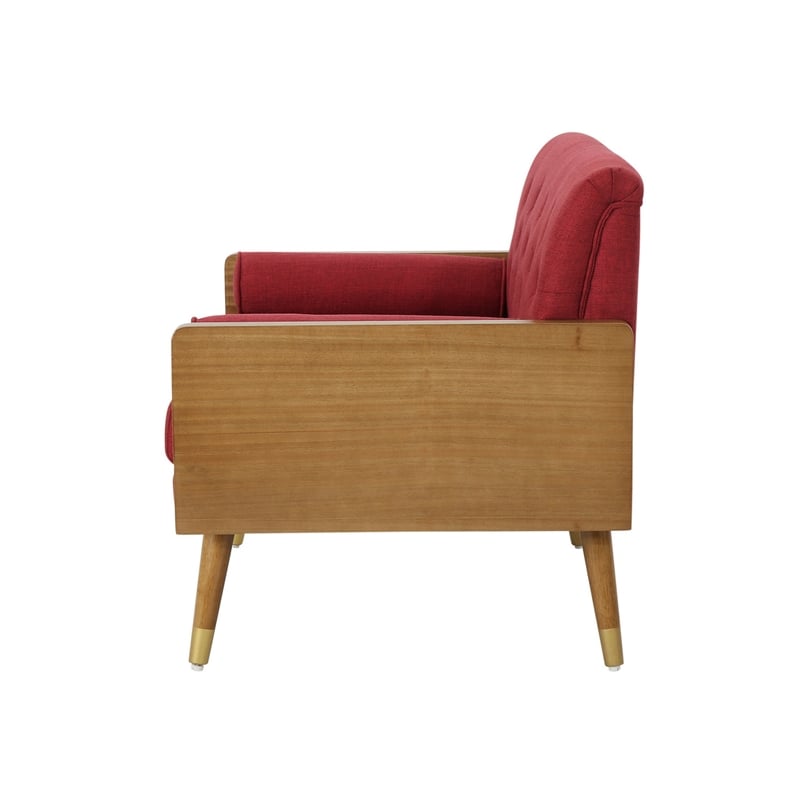 Benjara Lita Wide Accent Club Chair- Button Tufted- Red Fabric- Brown Frame