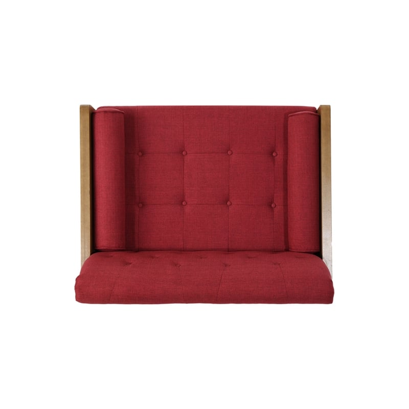 Benjara Lita Wide Accent Club Chair- Button Tufted- Red Fabric- Brown Frame