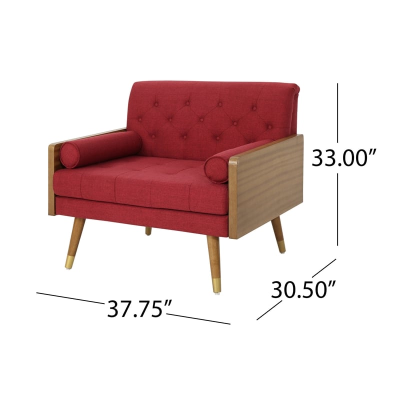 Benjara Lita Wide Accent Club Chair- Button Tufted- Red Fabric- Brown Frame