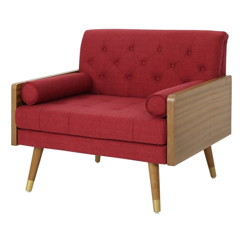 Benjara Lita Wide Accent Club Chair- Button Tufted- Red Fabric- Brown Frame