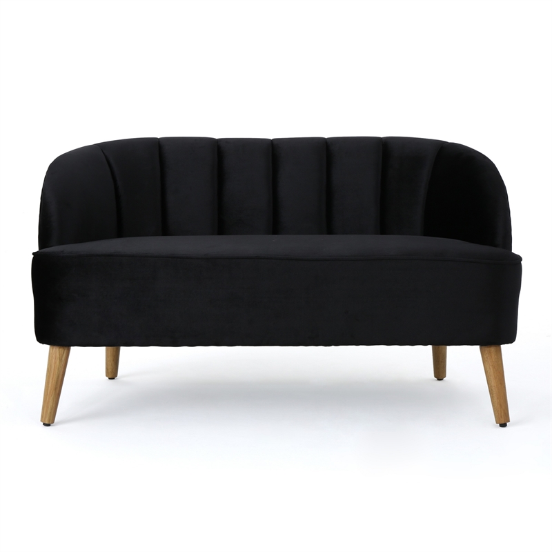 Benjara Loveseat- Channel Stitching- Tapered Wood Legs- 50 Inch- Black Velvet