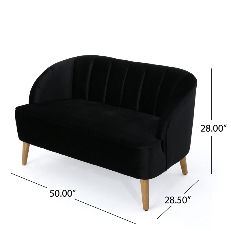Benjara Loveseat- Channel Stitching- Tapered Wood Legs- 50 Inch- Black Velvet