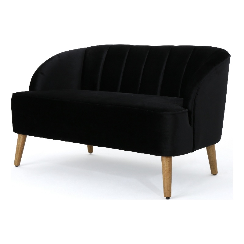 Benjara Loveseat- Channel Stitching- Tapered Wood Legs- 50 Inch- Black Velvet