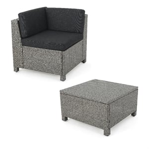 Benjara Perie 2pc Outdoor Corner Sofa Set- Coffee Table- Gray Faux Rattan