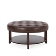 Benjara Kiam Ottoman- Shelf- Tufted Dark Brown Faux Leather- Wood 32 Inch