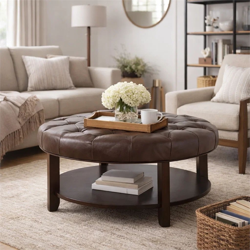 Benjara Kiam Ottoman- Shelf- Tufted Dark Brown Faux Leather- Wood 32 Inch