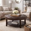 Benjara Kiam Ottoman- Shelf- Tufted Dark Brown Faux Leather- Wood 32 Inch