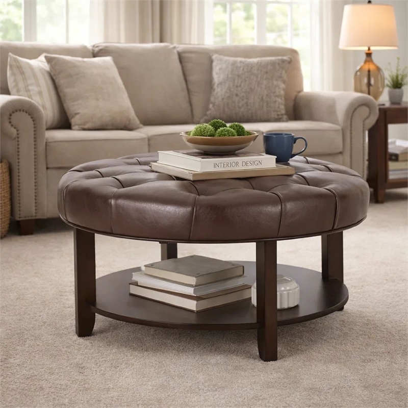 Benjara Kiam Ottoman- Shelf- Tufted Dark Brown Faux Leather- Wood 32 Inch