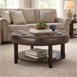 Benjara Kiam Ottoman- Shelf- Tufted Dark Brown Faux Leather- Wood 32 Inch