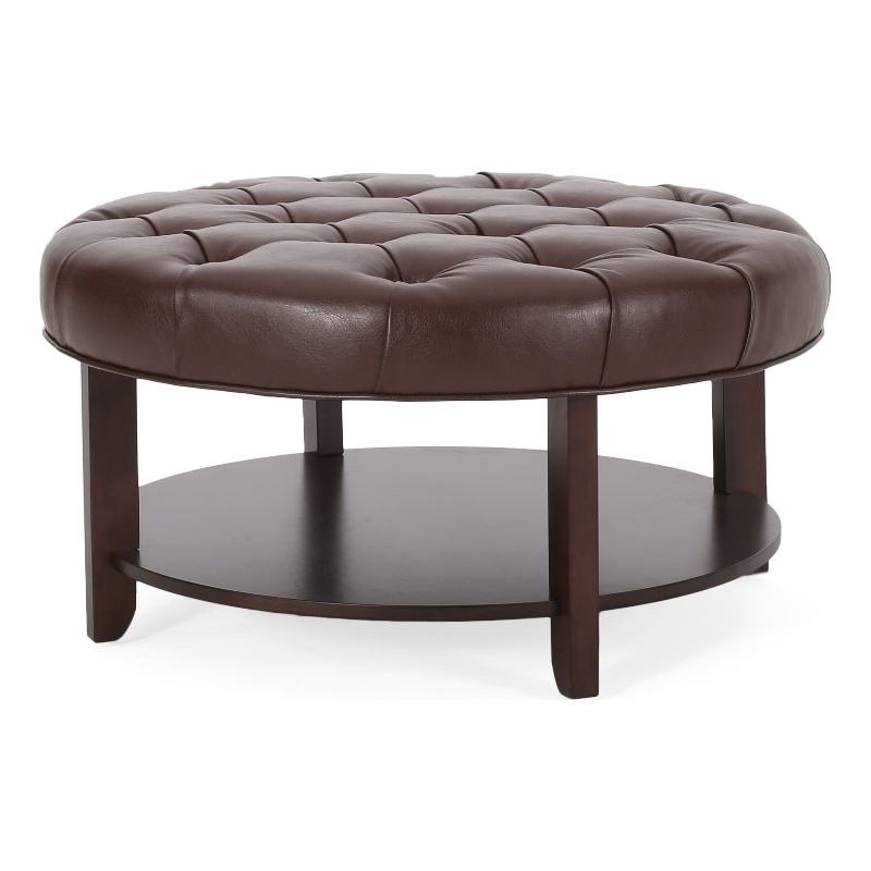 Benjara Kiam Ottoman- Shelf- Tufted Dark Brown Faux Leather- Wood 32 Inch