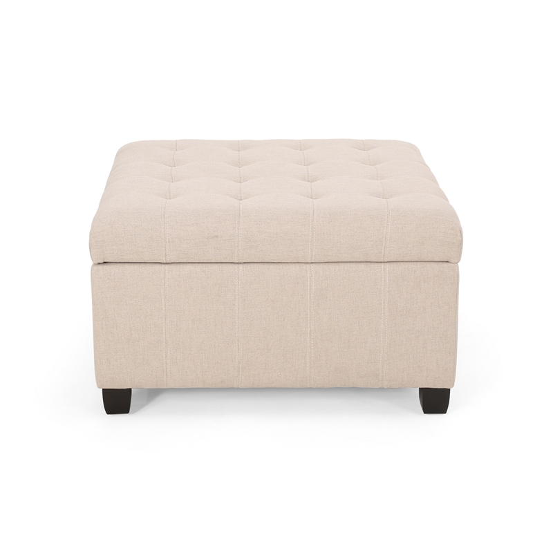 Benjara Cindy Storage Ottoman- Tufted Wheat Polyester- Brown Wood- 31 Inch