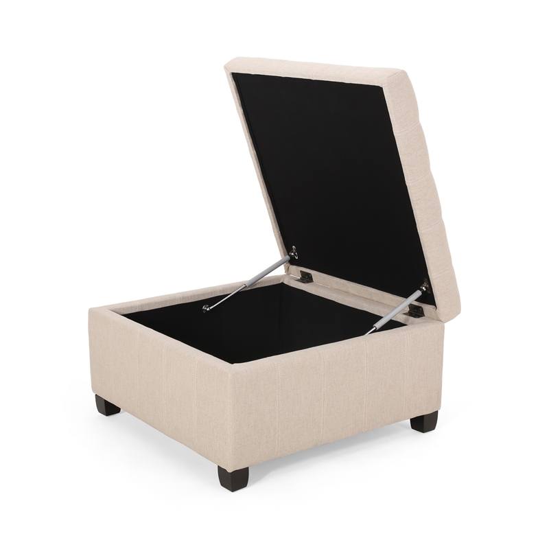 Benjara Cindy Storage Ottoman- Tufted Wheat Polyester- Brown Wood- 31 Inch