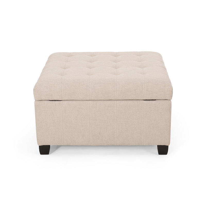 Benjara Cindy Storage Ottoman- Tufted Wheat Polyester- Brown Wood- 31 Inch