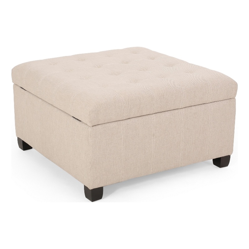 Benjara Cindy Storage Ottoman- Tufted Wheat Polyester- Brown Wood- 31 Inch