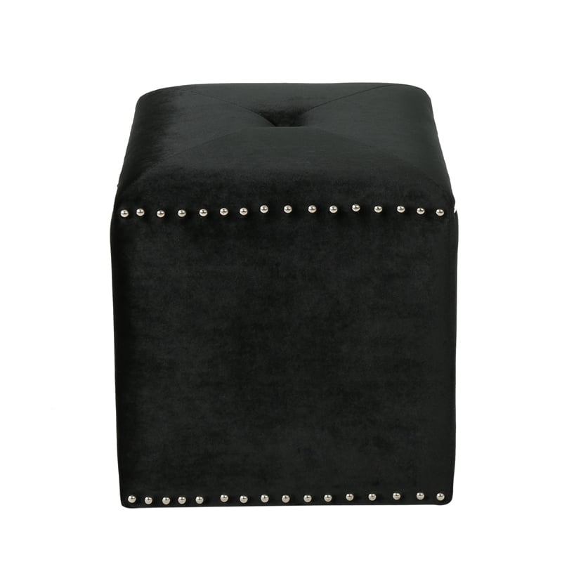 Benjara Neli Ottoman- Black Velvet- Single Tuft on Top- Nailhead Trim- 17 Inch