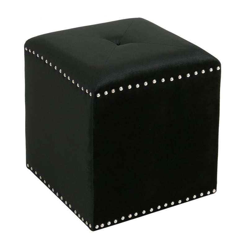 Benjara Neli Ottoman- Black Velvet- Single Tuft on Top- Nailhead Trim- 17 Inch