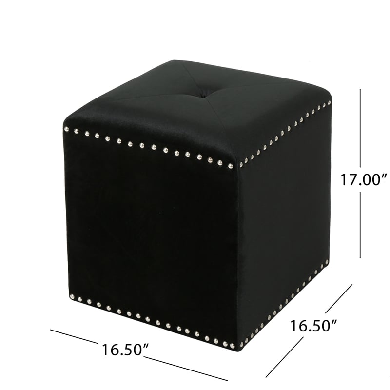 Benjara Neli Ottoman- Black Velvet- Single Tuft on Top- Nailhead Trim- 17 Inch