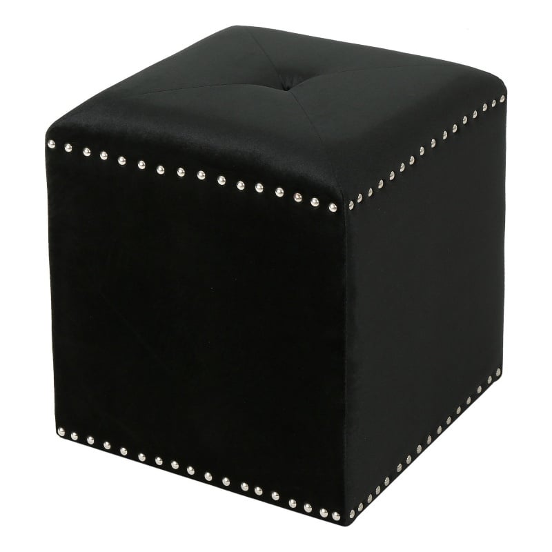 Benjara Neli Ottoman- Black Velvet- Single Tuft on Top- Nailhead Trim- 17 Inch