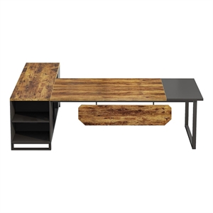 Benjara Executive Office L Desk- 71&quot Brown Wood- Storage Shelves- Brown
