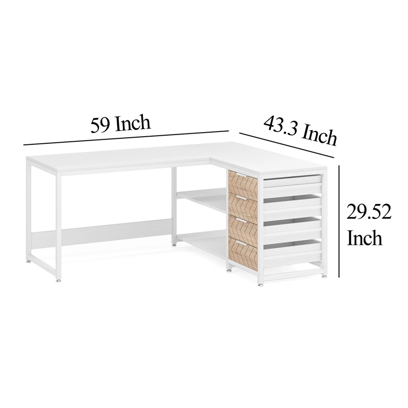 Benjara L Shaped Computer Office Desk- 3 Drawer- 2 White Metal Shelves 59 Inch