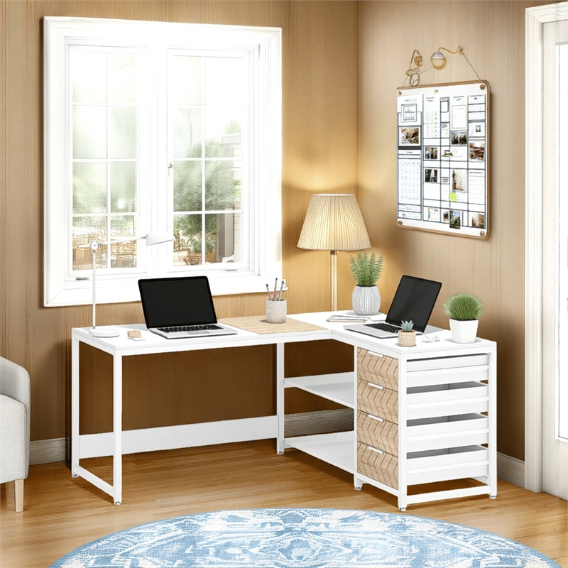 Benjara L Shaped Computer Office Desk- 3 Drawer- 2 White Metal Shelves 59 Inch