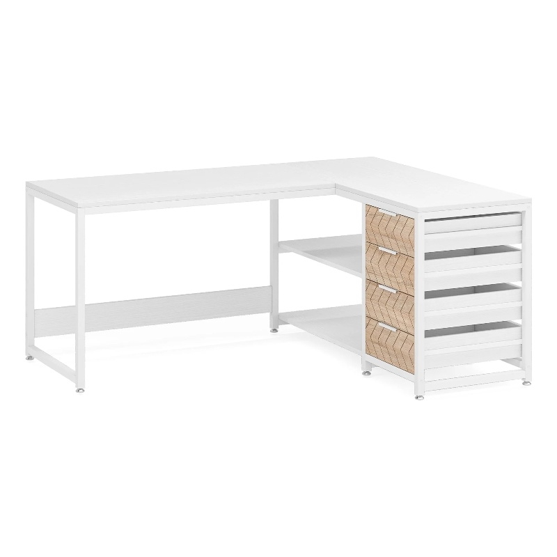 Benjara L Shaped Computer Office Desk- 3 Drawer- 2 White Metal Shelves 59 Inch