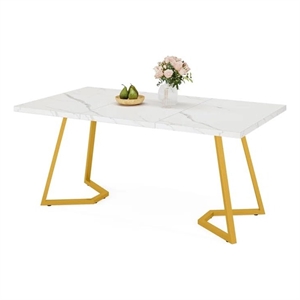 Benjara Computer Office Desk- 55&quot Painted Gold Metal- White Faux Marble