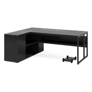 Benjara Executive Office Desk- 71&quot Gray L Shape- 2 Shelves- Black Metal