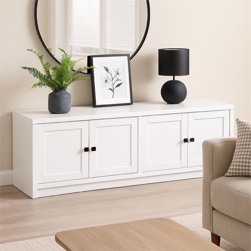 Benjara Donna TV Stand Media Cabinet with 4 Doors- White Melamine 78 Inch