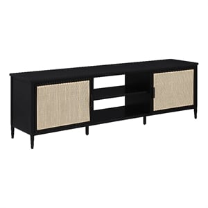 Benjara Lanie TV Stand Media Cabinet with 2 Door- PE Cane Front- Black Metal