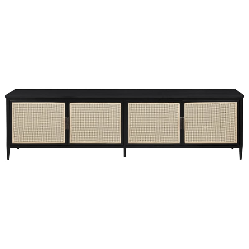 Benjara Lanie TV Stand Media Cabinet- 4 Door- PE Cane Front- Black- 78 Inch