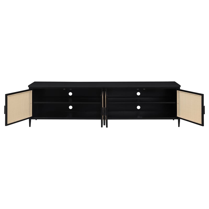 Benjara Lanie TV Stand Media Cabinet- 4 Door- PE Cane Front- Black- 78 Inch
