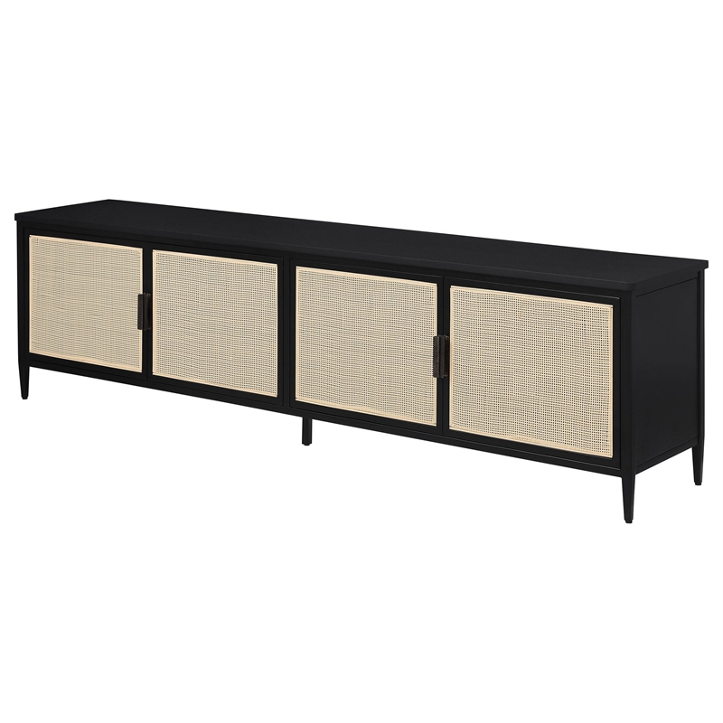 Benjara Lanie TV Stand Media Cabinet- 4 Door- PE Cane Front- Black- 78 Inch