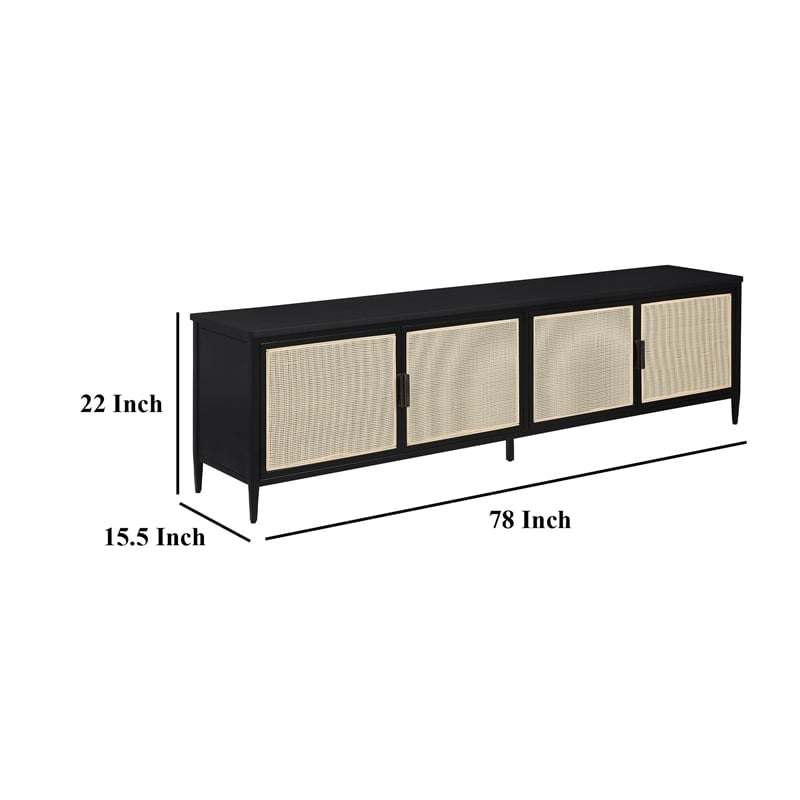 Benjara Lanie TV Stand Media Cabinet- 4 Door- PE Cane Front- Black- 78 Inch