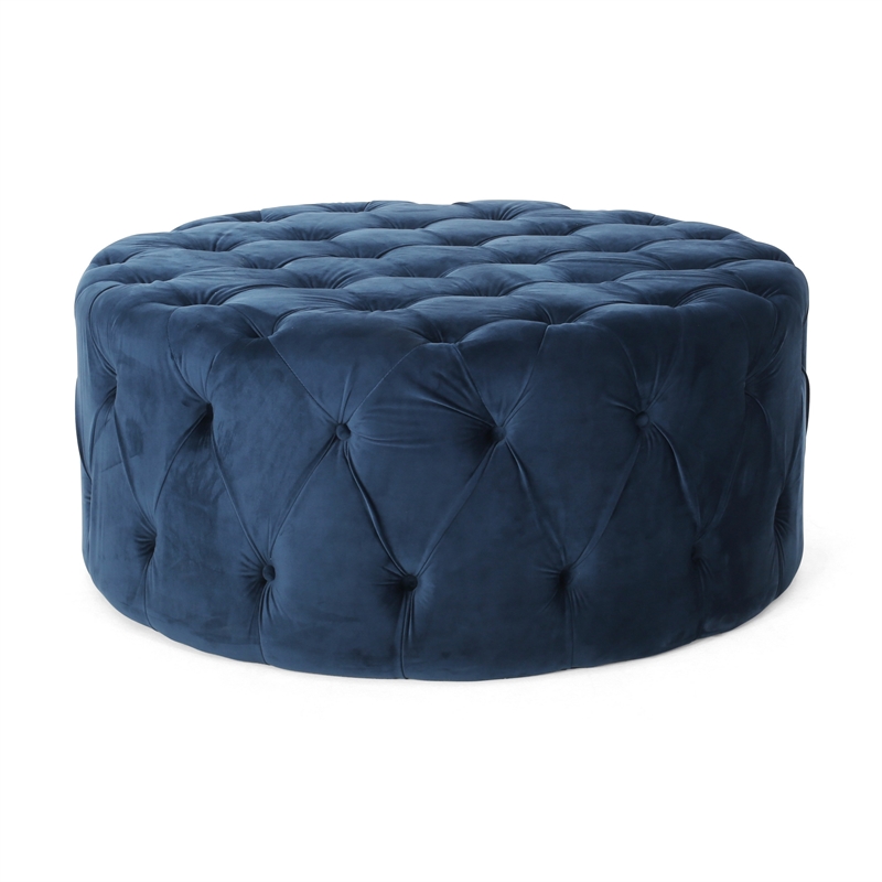 Benjara Vivan Ottoman- Tufted Blue Velvet- Soft Cushions- Round 40