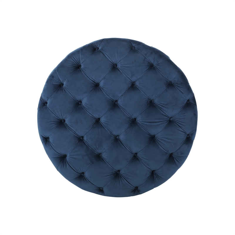 Benjara Vivan Ottoman- Tufted Blue Velvet- Soft Cushions- Round 40