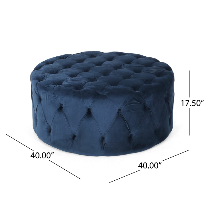 Benjara Vivan Ottoman- Tufted Blue Velvet- Soft Cushions- Round 40