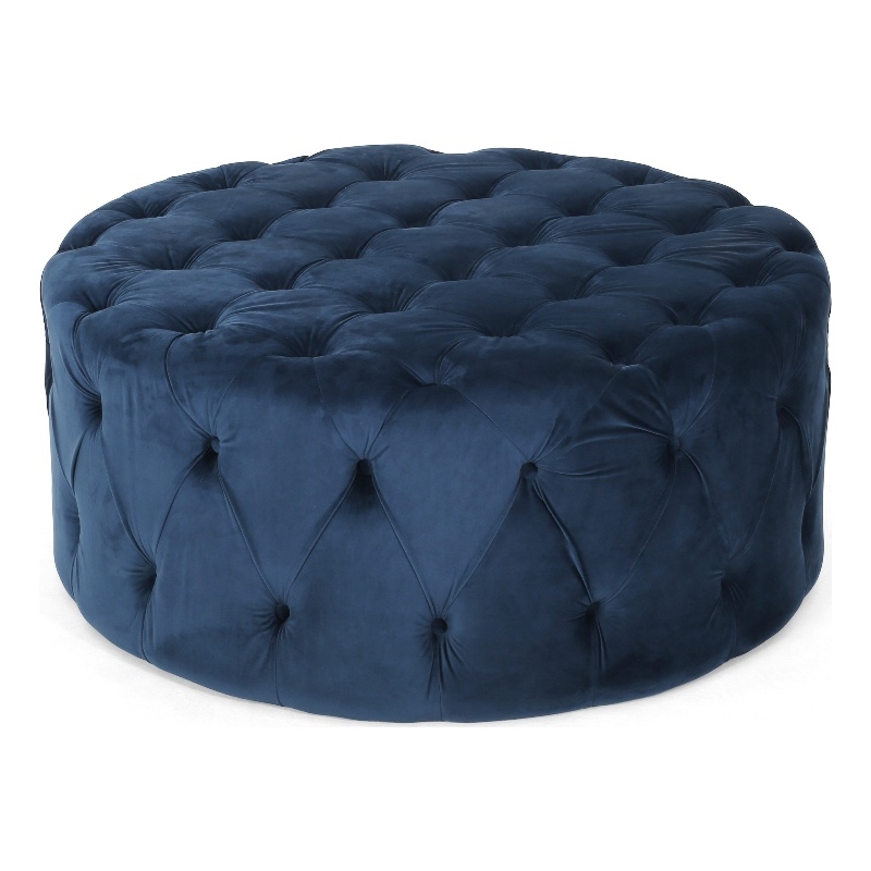 Benjara Vivan Ottoman- Tufted Blue Velvet- Soft Cushions- Round 40