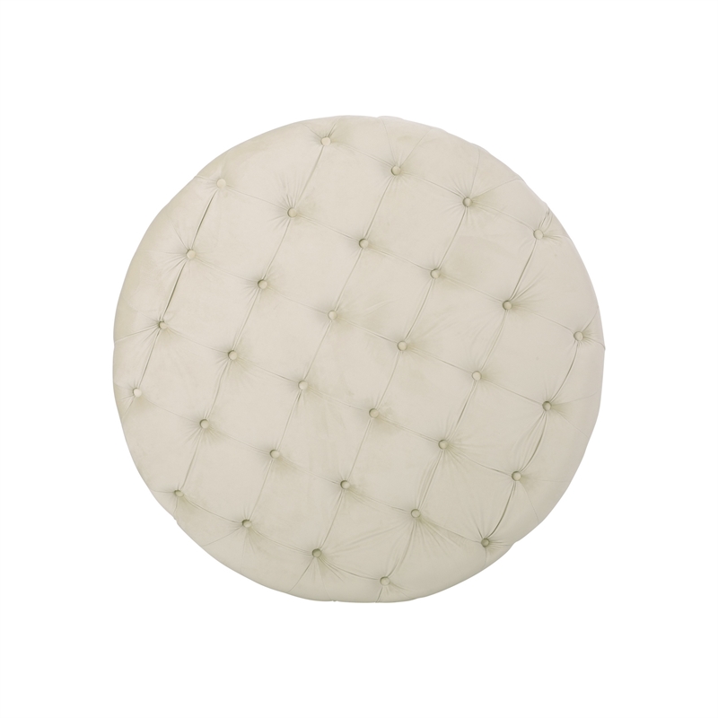 Benjara Vivan Ottoman- Tufted Beige Velvet- Soft Cushions- Round 40