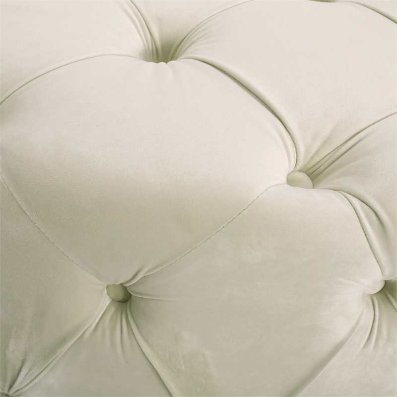Benjara Vivan Ottoman- Tufted Beige Velvet- Soft Cushions- Round 40