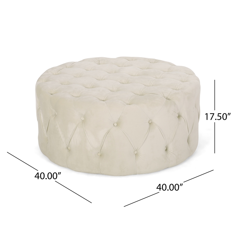 Benjara Vivan Ottoman- Tufted Beige Velvet- Soft Cushions- Round 40