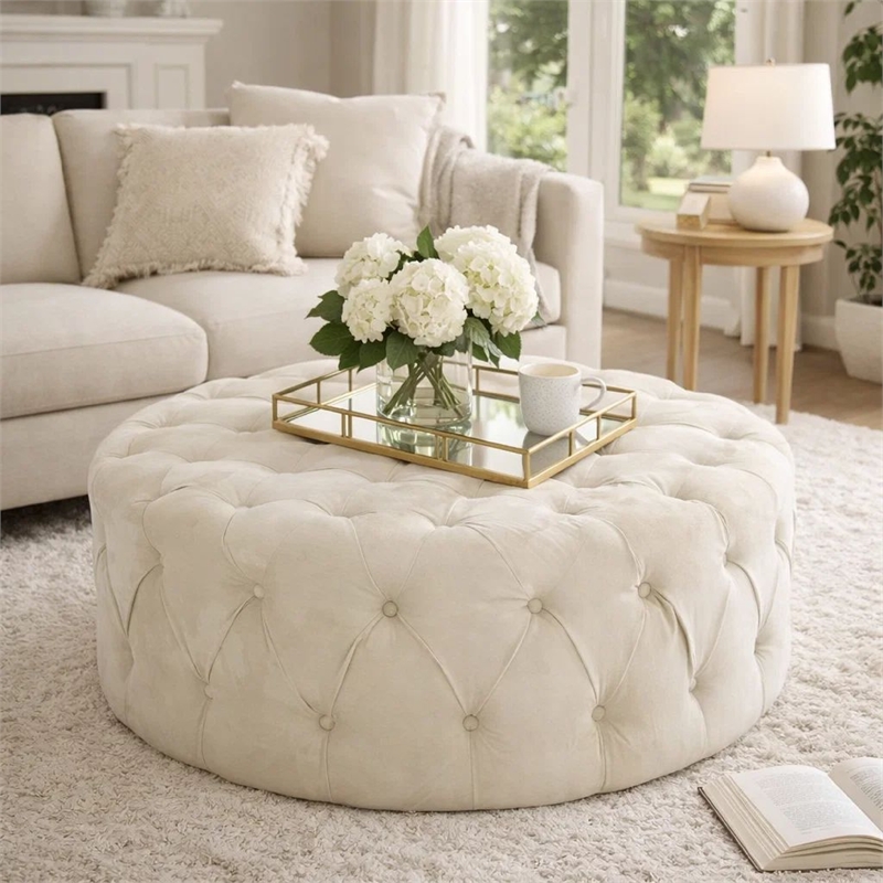Benjara Vivan Ottoman- Tufted Beige Velvet- Soft Cushions- Round 40