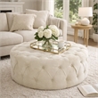 Benjara Vivan Ottoman- Tufted Beige Velvet- Soft Cushions- Round 40