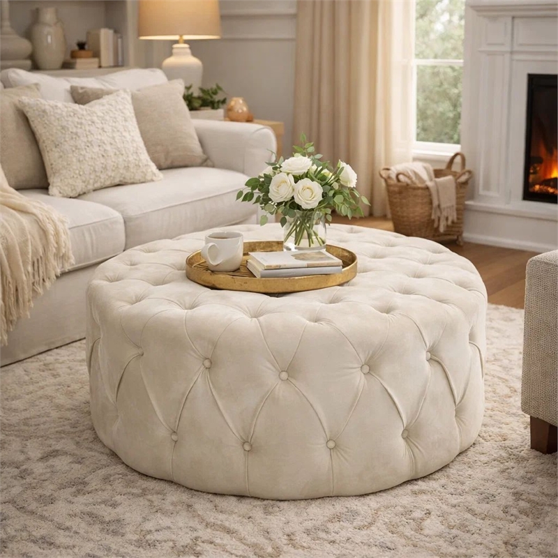 Benjara Vivan Ottoman- Tufted Beige Velvet- Soft Cushions- Round 40