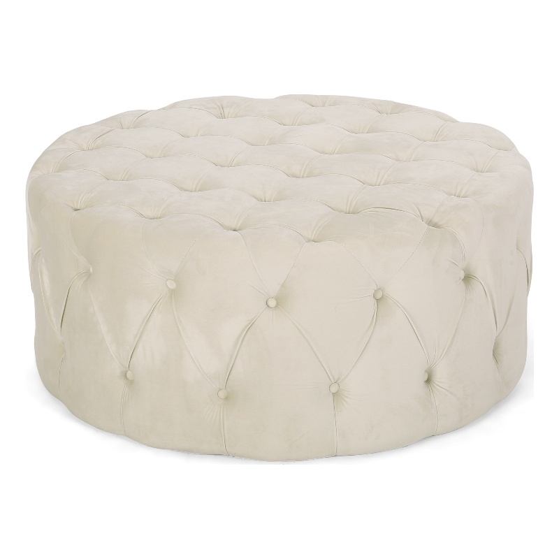 Benjara Vivan Ottoman- Tufted Beige Velvet- Soft Cushions- Round 40
