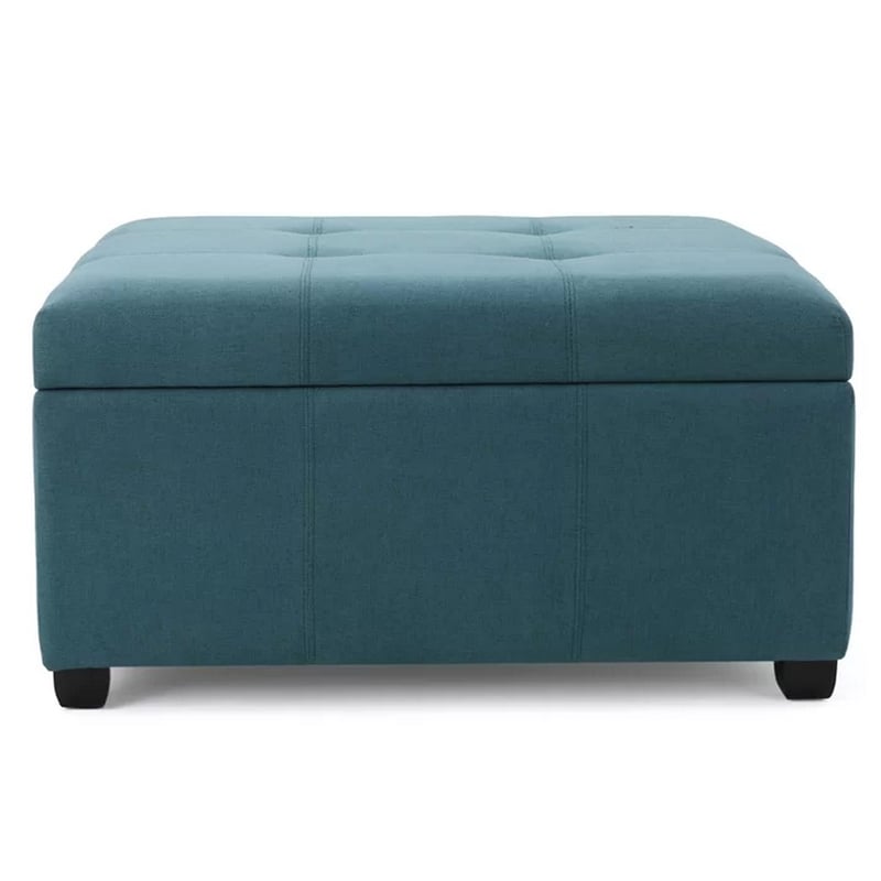 Benjara Carl Storage Ottoman- Teal Tufted Fabric- Soft Cushion- Black- 35 Inch