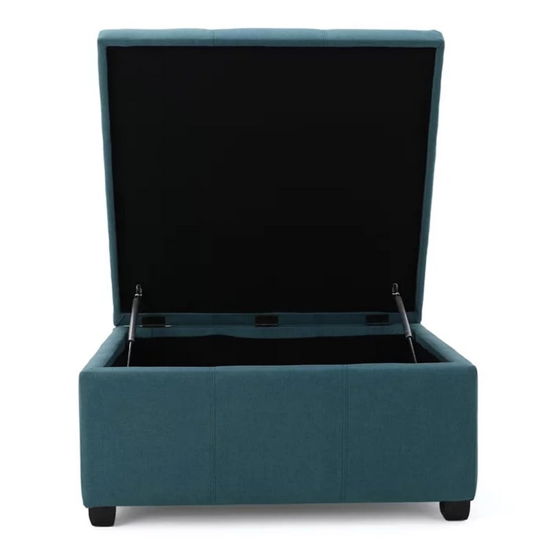 Benjara Carl Storage Ottoman- Teal Tufted Fabric- Soft Cushion- Black- 35 Inch