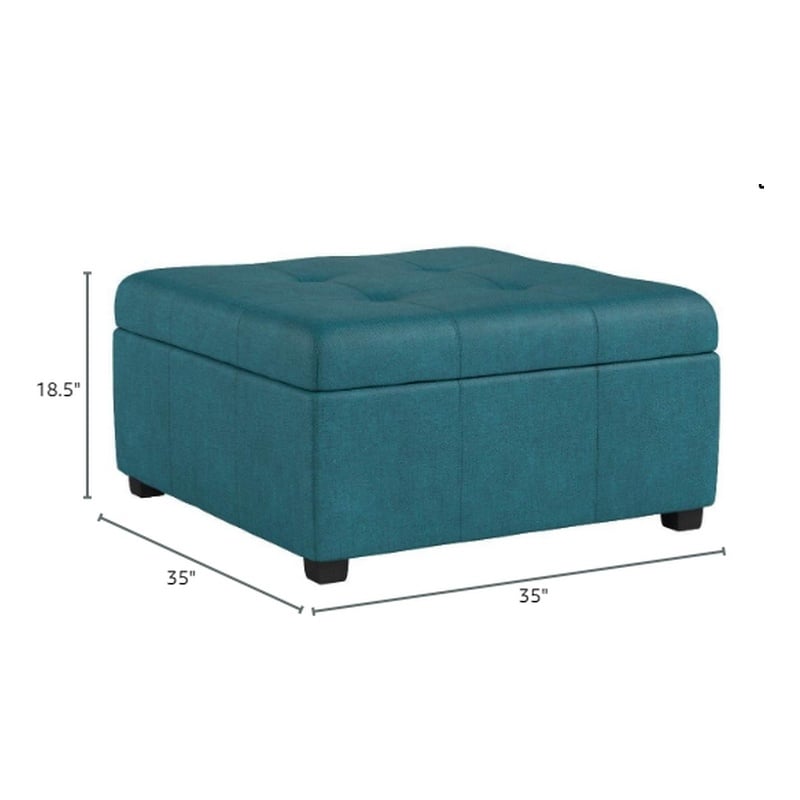Benjara Carl Storage Ottoman- Teal Tufted Fabric- Soft Cushion- Black- 35 Inch