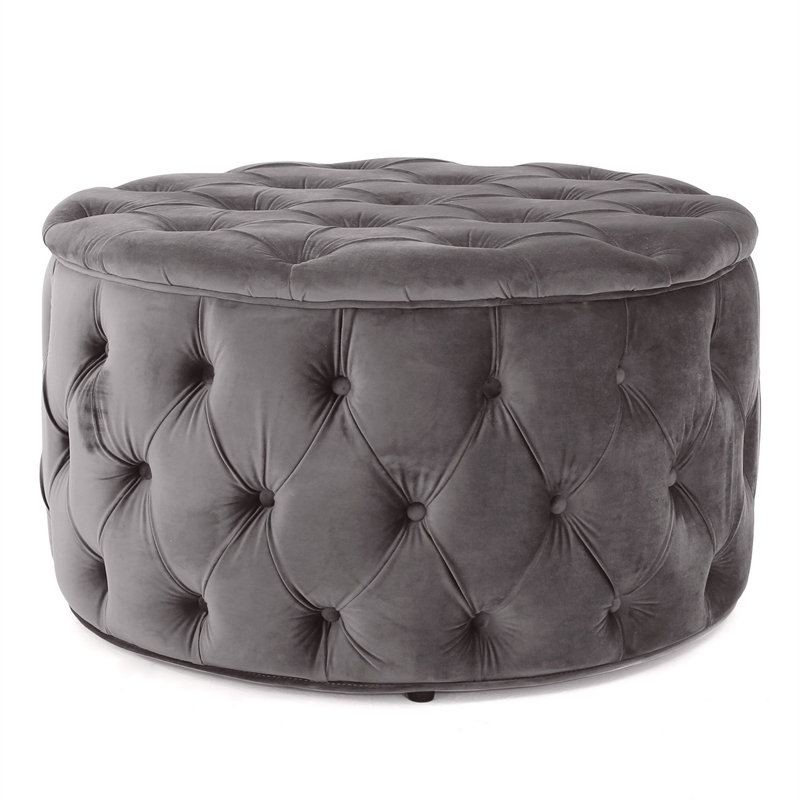Benjara Keja Ottoman- Tufted Dark Gray Velvet- Soft Cushioning- Round 30 Inch